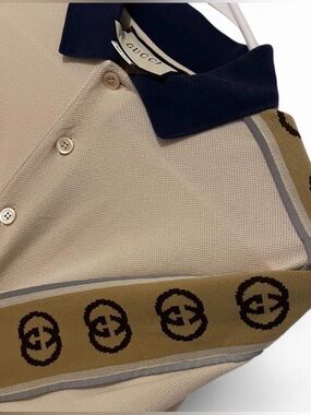 Gucci Beige Polo with Navy Collar and Tan Logo Band